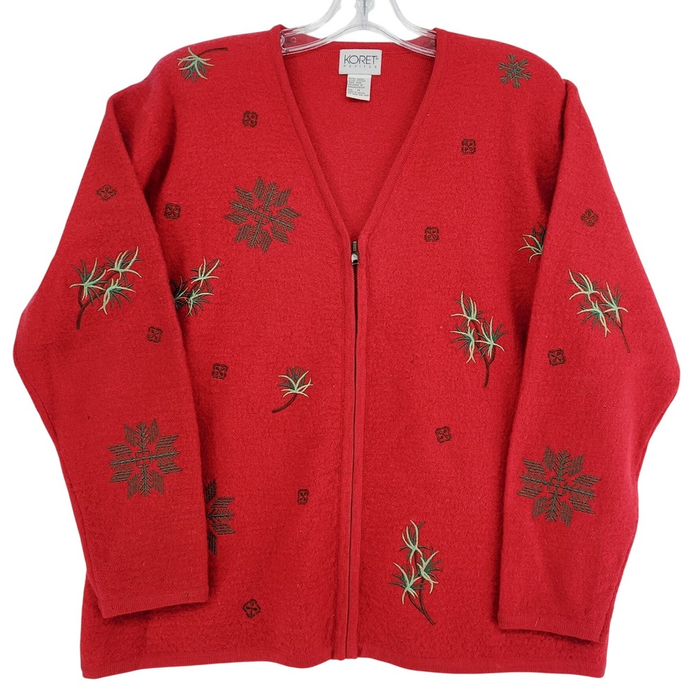 Koret Petites M Red Wool Zip Cardigan Sweater Snowflake Embroidered Grandmacore